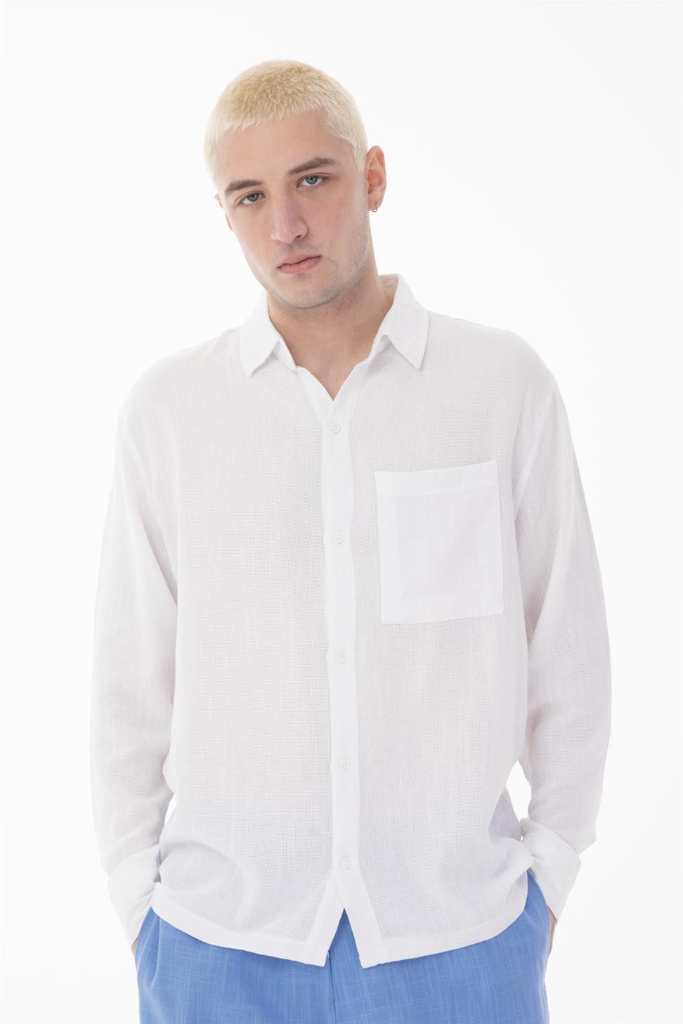 R-6054 Men’s Stand Collar Single Pocket Long Sleeve Etamine Shirt – White