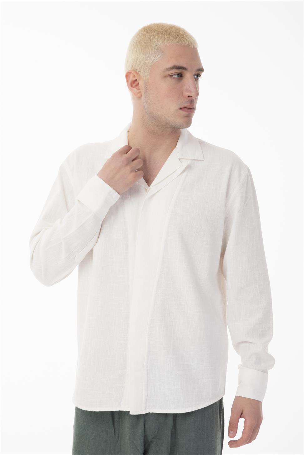 R-6059 Men’s Hidden Placket Long Sleeve Shirt – White