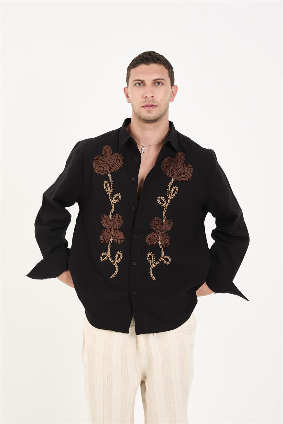 R-6093 R-6093 Men’s 100% Cotton Self-Striped Woven Shirt – Black Long Sleeve with Embroidery Detail