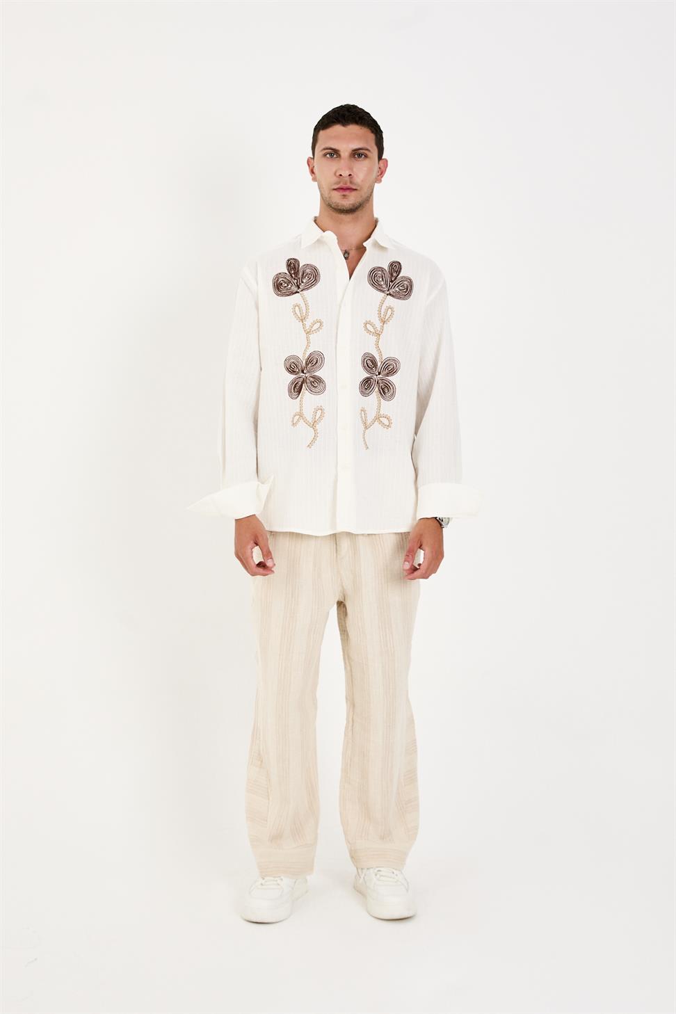 R-6093 R-6093 Men’s 100% Cotton Self-Striped Woven Shirt – White Long Sleeve with Embroidery Detail
