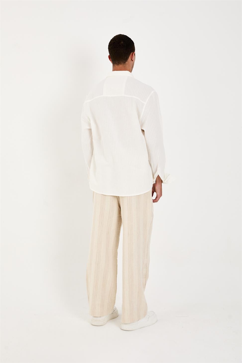 R-6093 R-6093 Men’s 100% Cotton Self-Striped Woven Shirt – White Long Sleeve with Embroidery Detail