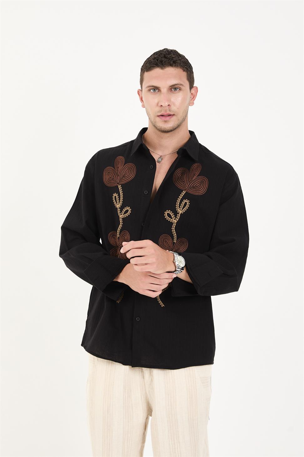 R-6093 R-6093 Men’s 100% Cotton Self-Striped Woven Shirt – Black Long Sleeve with Embroidery Detail