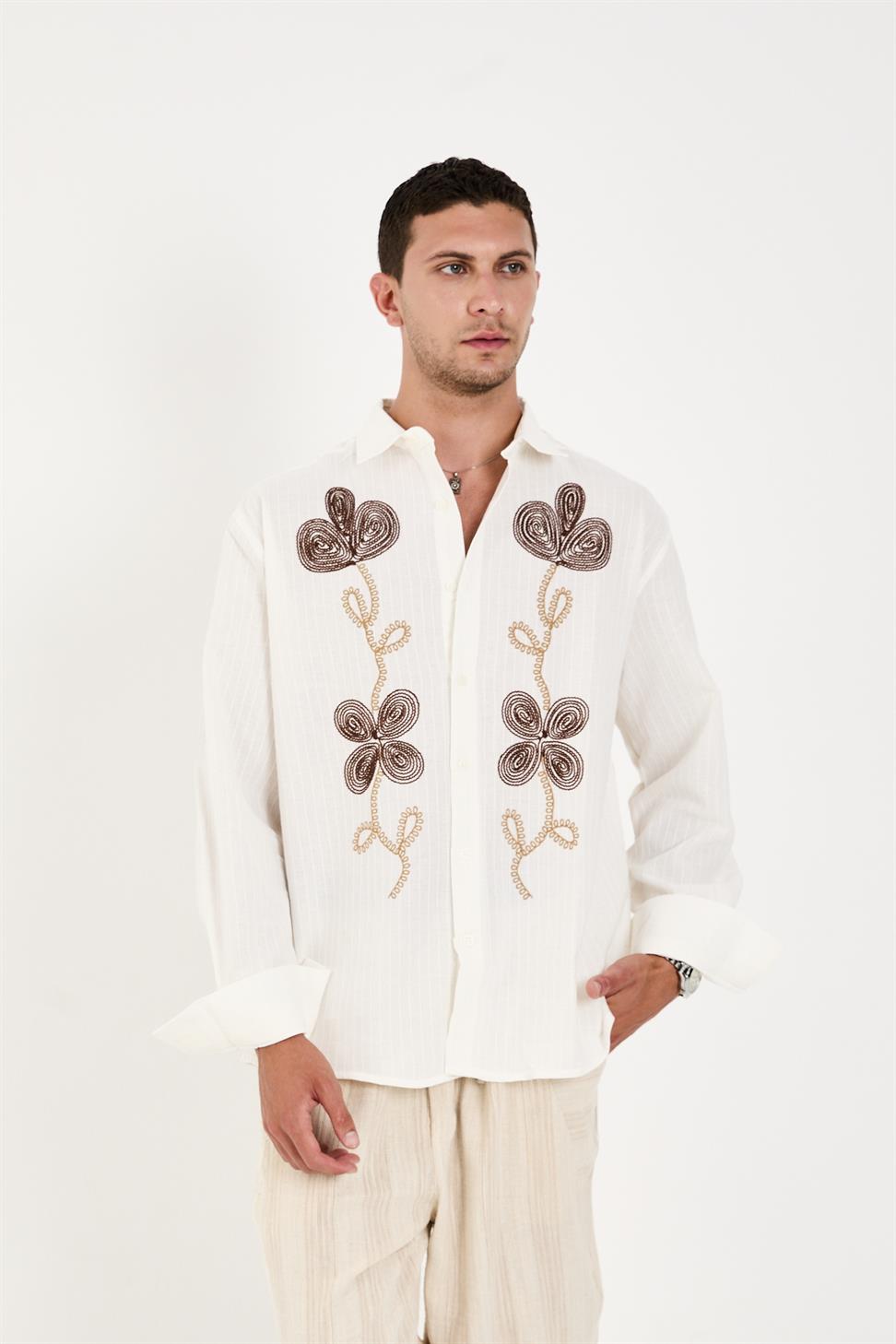 R-6093 R-6093 Men’s 100% Cotton Self-Striped Woven Shirt – White Long Sleeve with Embroidery Detail