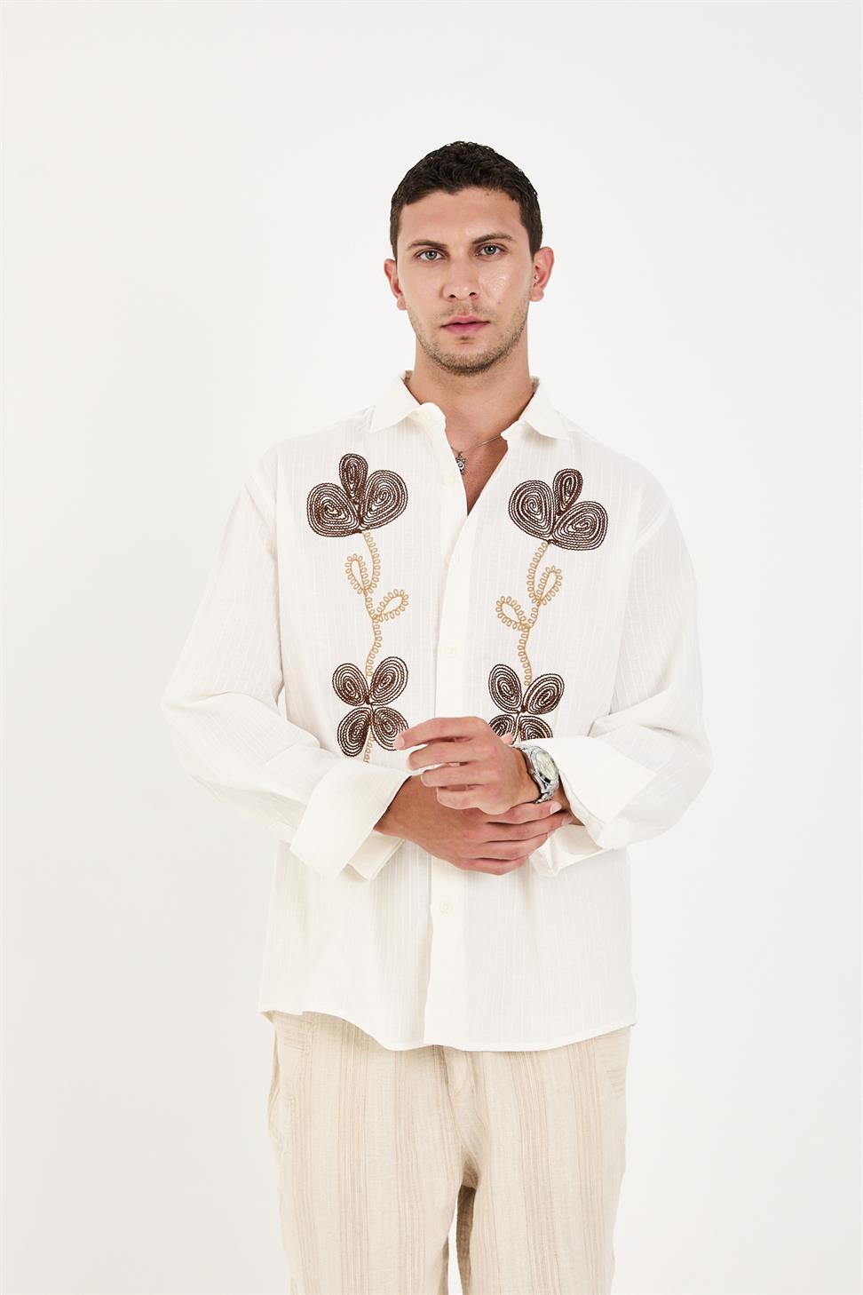 R-6093 R-6093 Men’s 100% Cotton Self-Striped Woven Shirt – White Long Sleeve with Embroidery Detail