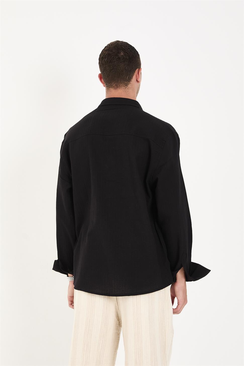 R-6093 R-6093 Men’s 100% Cotton Self-Striped Woven Shirt – Black Long Sleeve with Embroidery Detail