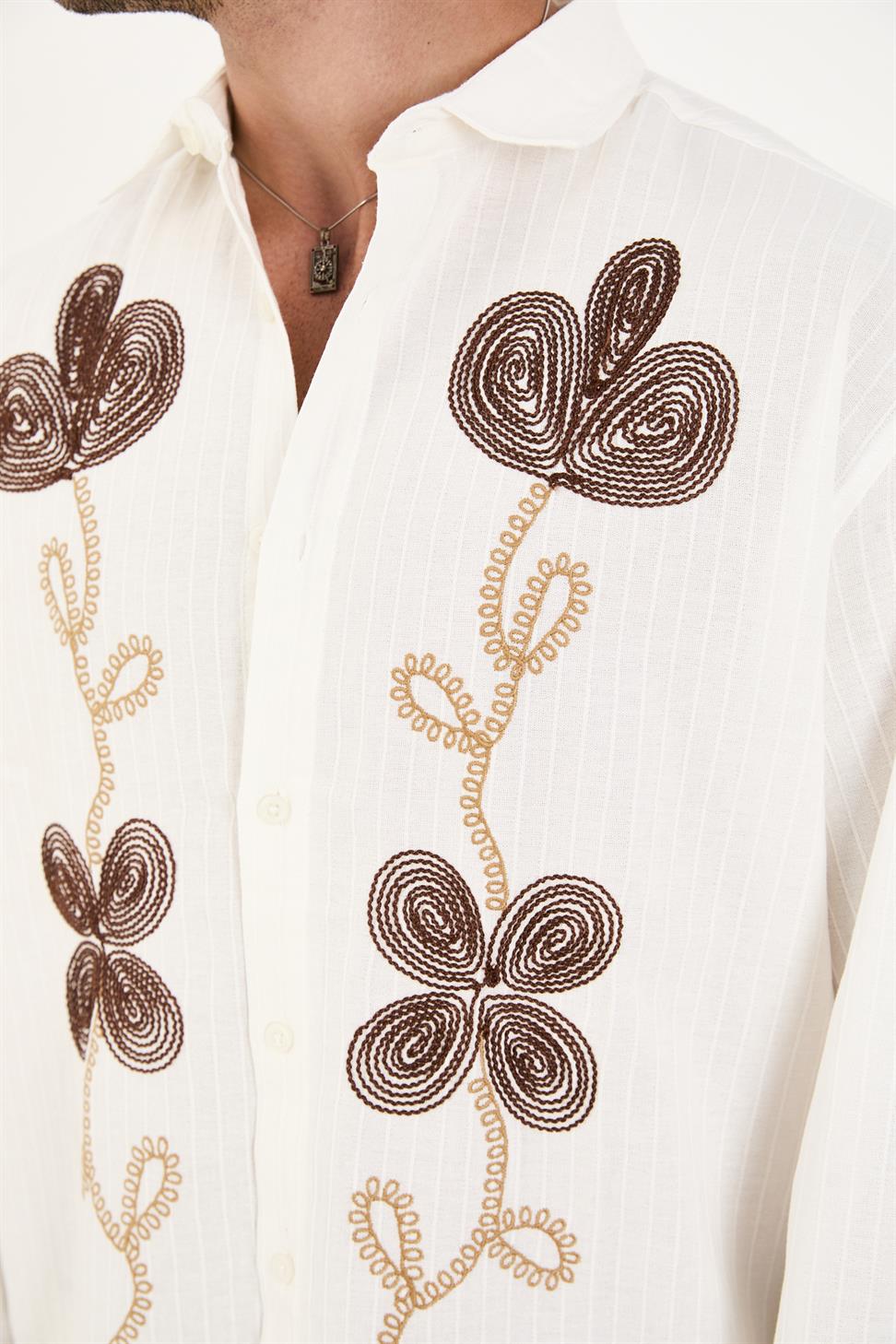 R-6093 R-6093 Men’s 100% Cotton Self-Striped Woven Shirt – White Long Sleeve with Embroidery Detail