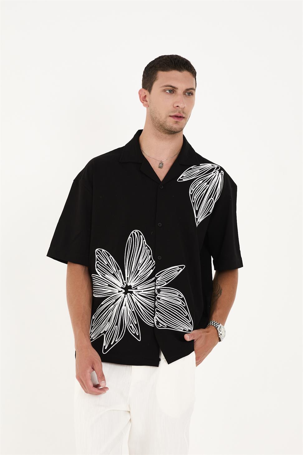 R-6094 Men’s 100% Cotton Supima Jersey Shirt – Black Short Sleeve with White Floral Embroidery