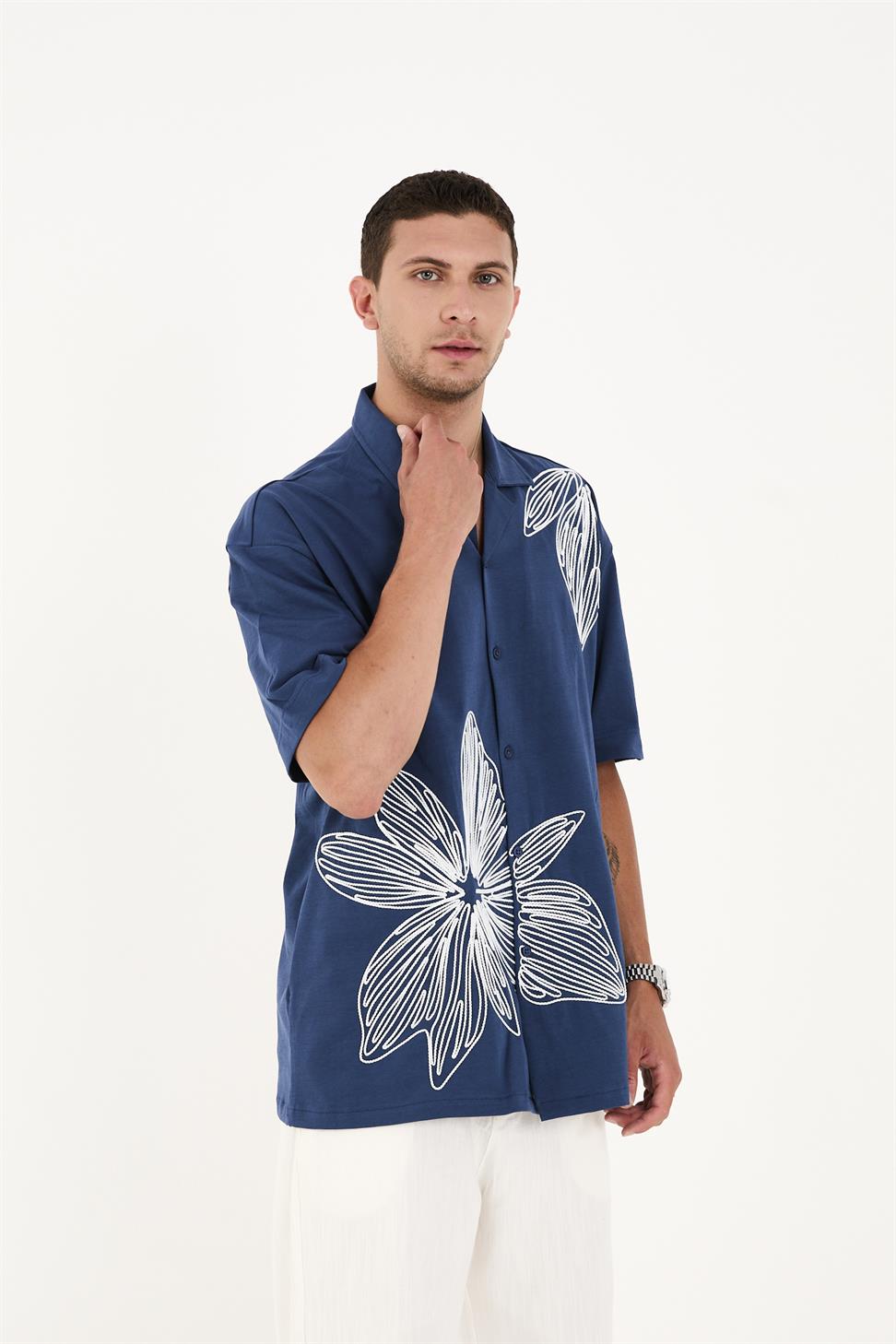R-6094 R-6094 Men’s 100% Cotton Supima Jersey Shirt – Navy Short Sleeve with Subtle Floral Embroidery