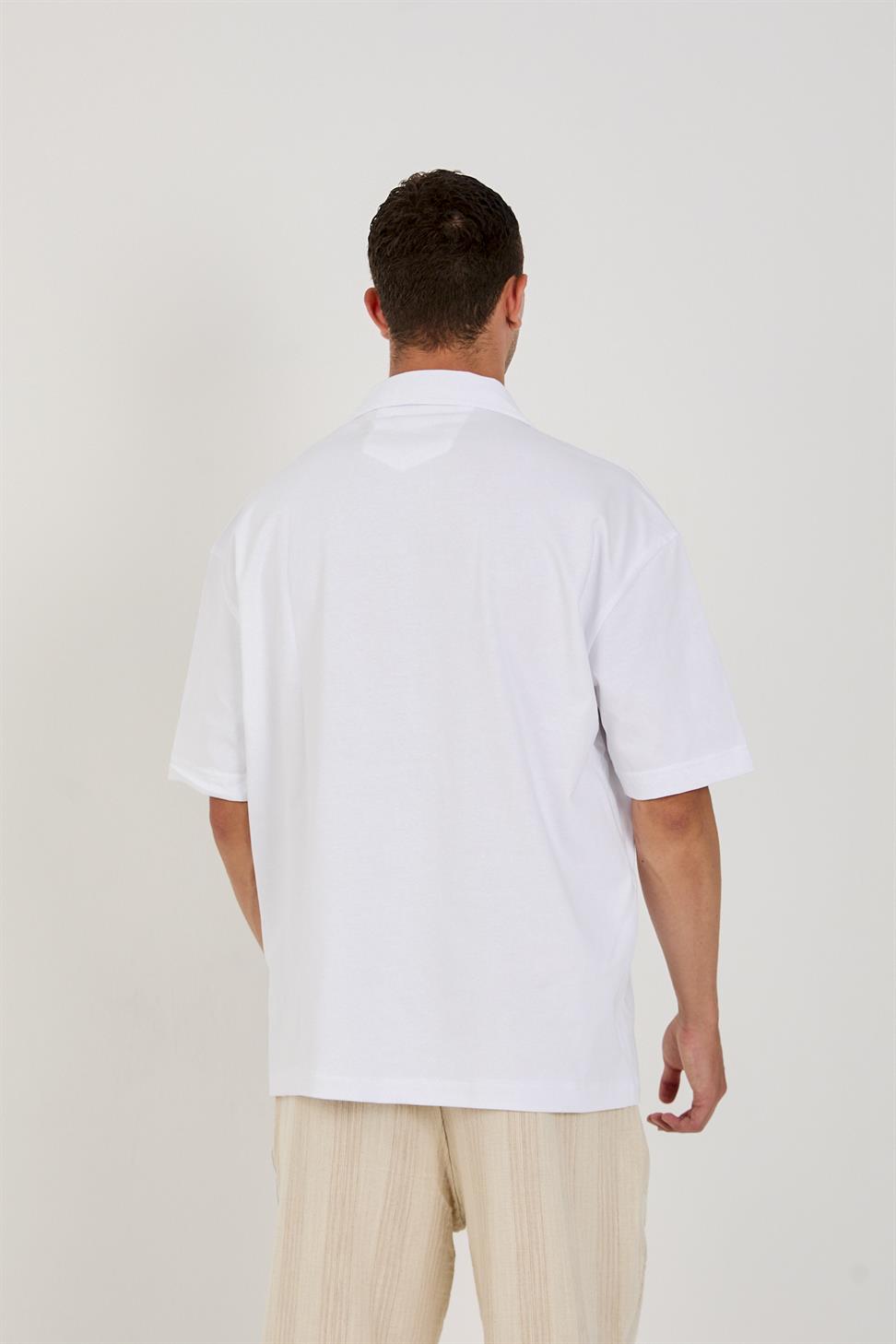 R-6094 Men’s 100% Cotton Supima Jersey Shirt – White Short Sleeve with Subtle Floral Embroidery