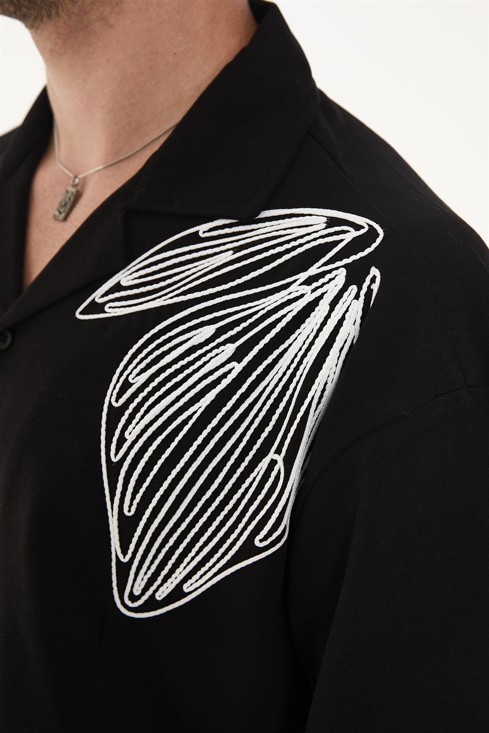 R-6094 Men’s 100% Cotton Supima Jersey Shirt – Black Short Sleeve with White Floral Embroidery