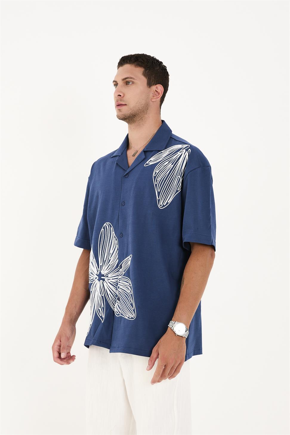 R-6094 R-6094 Men’s 100% Cotton Supima Jersey Shirt – Navy Short Sleeve with Subtle Floral Embroidery