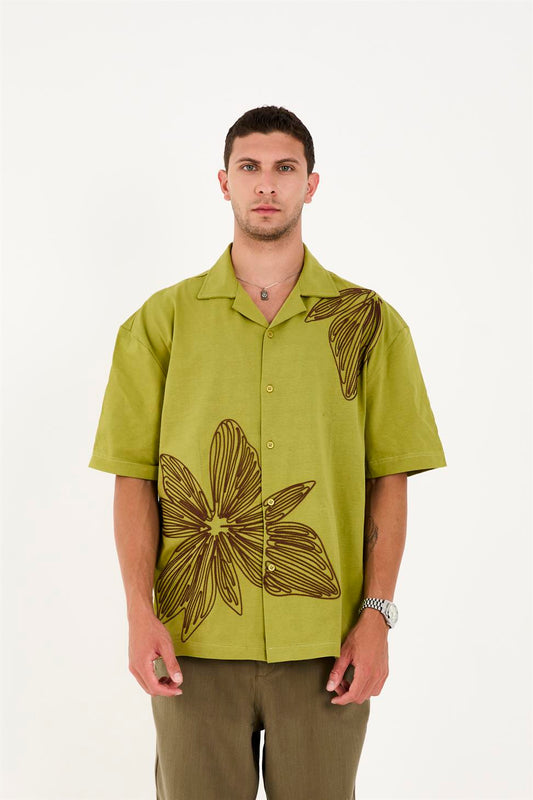 R-6094 R-6094 Men’s 100% Cotton Supima Jersey Shirt – Green Short Sleeve with Subtle Floral Embroidery