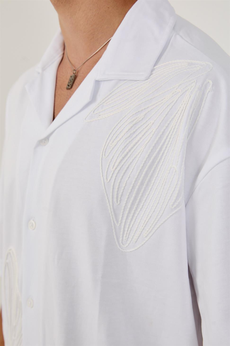 R-6094 Men’s 100% Cotton Supima Jersey Shirt – White Short Sleeve with Subtle Floral Embroidery
