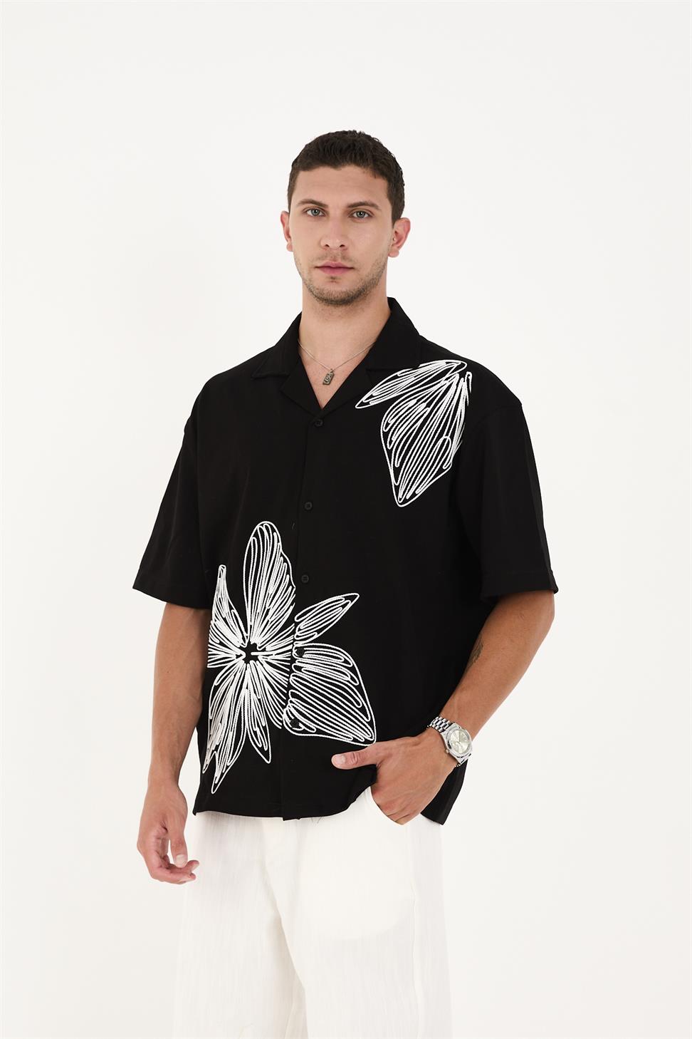 R-6094 Men’s 100% Cotton Supima Jersey Shirt – Black Short Sleeve with White Floral Embroidery