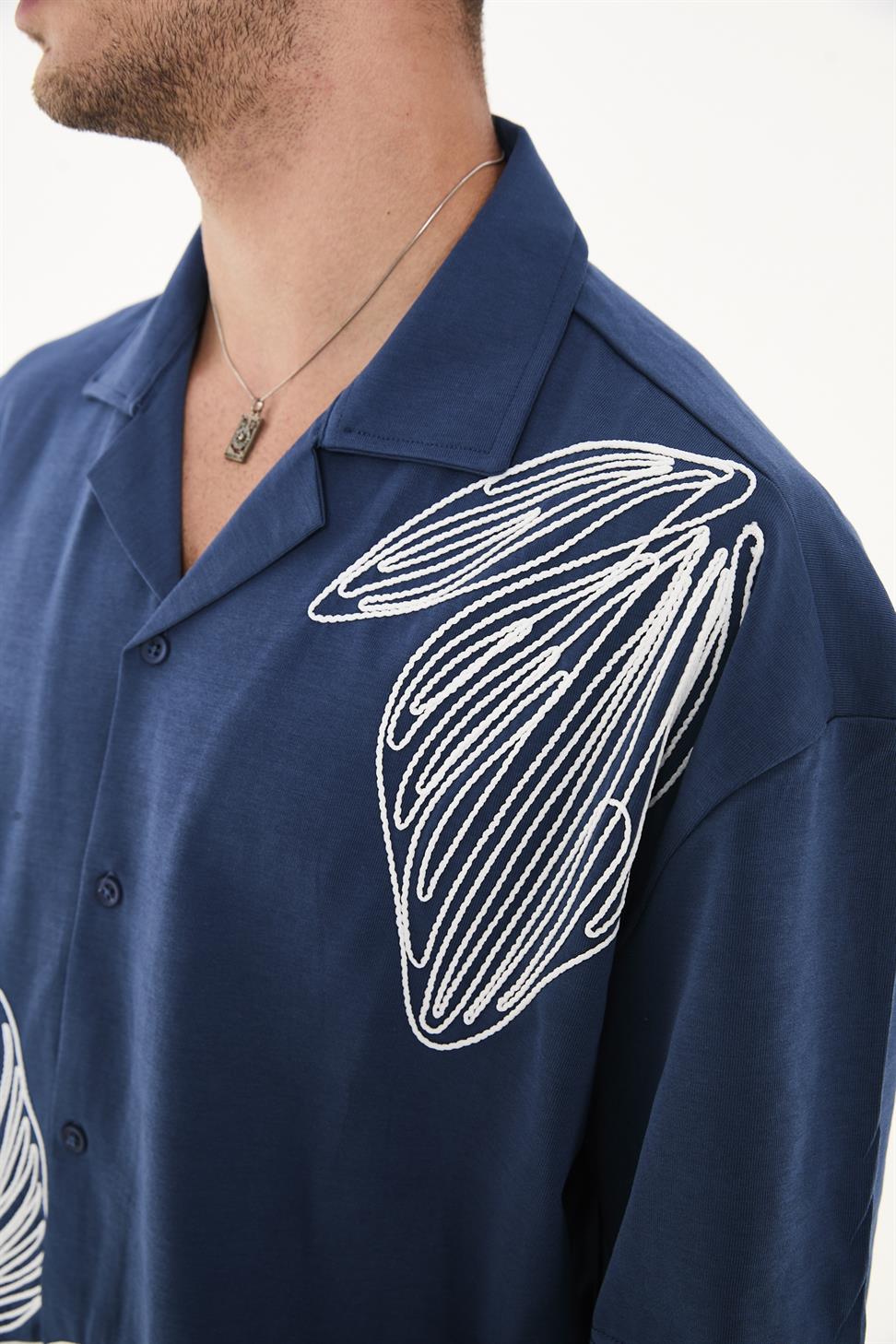 R-6094 R-6094 Men’s 100% Cotton Supima Jersey Shirt – Navy Short Sleeve with Subtle Floral Embroidery