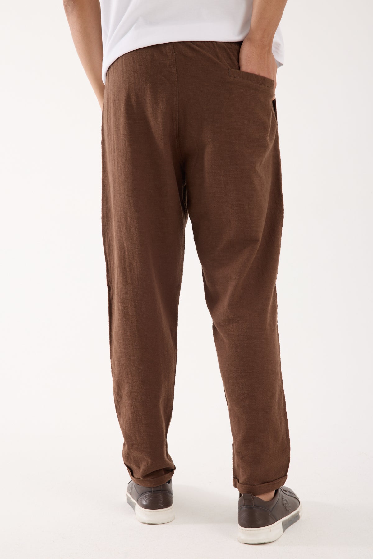 R-4222 Double Cuff Linen Pants – Light Brown (100% Cotton Linen)