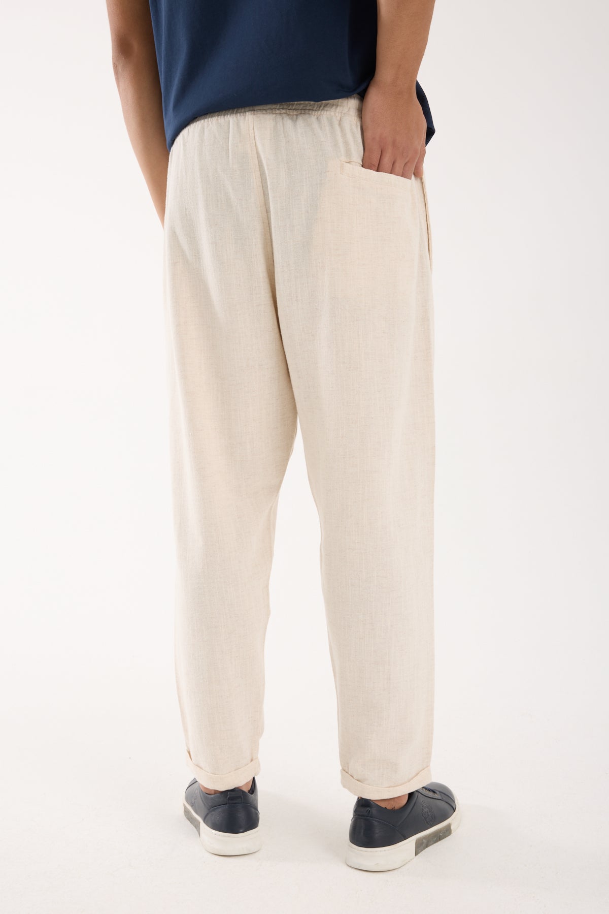 R-4222 Double Cuff Linen Pants – Beige (100% Cotton Linen)