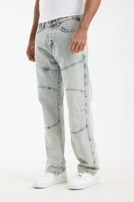 Men’s Washed Blue Panelled Jeans – Relaxed Fit Streetwear | T-3141