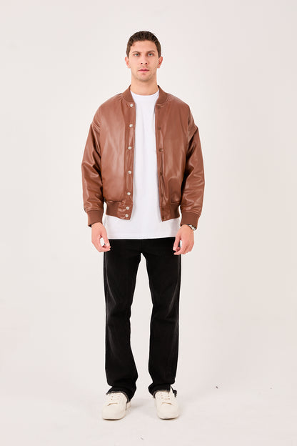 X-2018 Mens Snap Button Faux Leather Jacket Brown Bomber Style