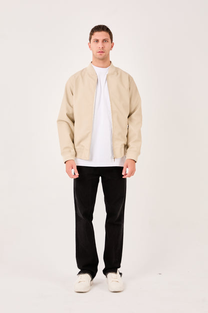 X-2012 Mens Minimal Bomber Jacket Beige Clean Look Zip Front