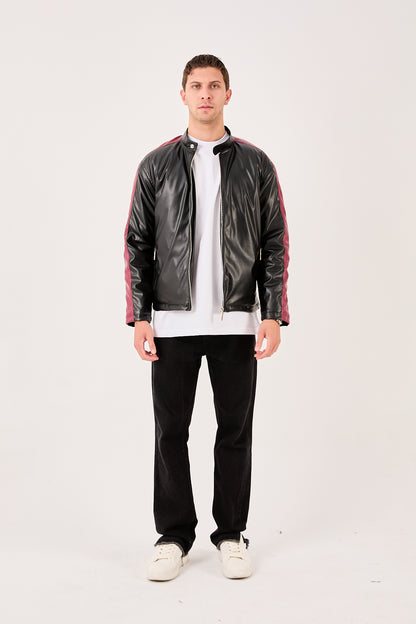 X-2016 Mens Cafe Racer PU Leather Jacket Black Contrast Burgundy Stripe