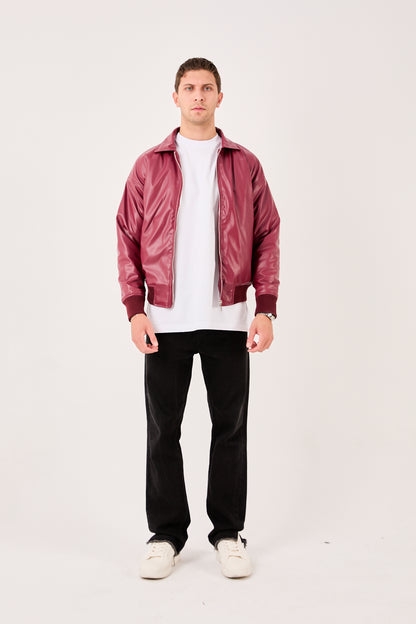 X-2015 Mens Faux Leather Bomber Jacket Burgundy Zip Front Ribbed Hem