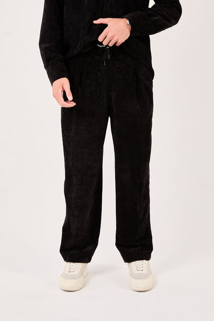 X-1004 Mens Corduroy Pants Black Elastic Waist Drawstring Relaxed Fit