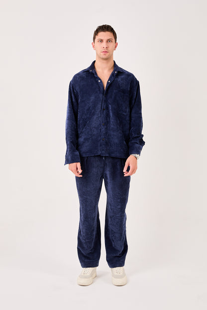 X-0002 Men’s Navy Cord Velvet Shirt – Relaxed Fit, Button-Up, Single Chest Pocket