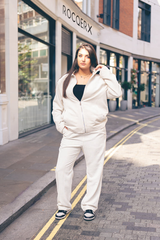 X-3002 Unisex Off-White Velvet Tracksuit – Premium Zip-Up Jacket & Trousers Set