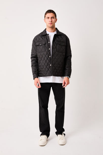 X-2019 Mens Lightweight Quilted Jacket Snap Button Black Chest Pockets