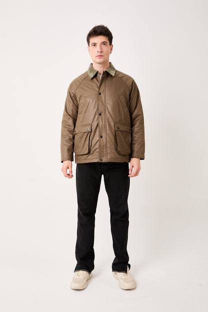 Khaki Waxed Jacket with Corduroy Collar – 5850