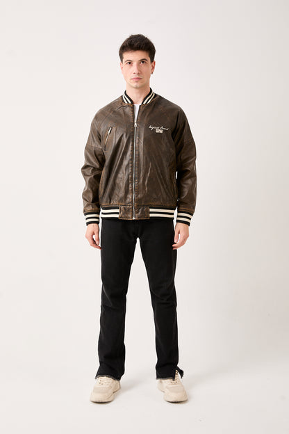 5858 GRW “Growing Star” Varsity Leather Bomber Jacket – Brown
