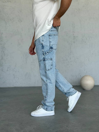 T-2949-4 Men’s Light Blue Denim Jeans | Relaxed Fit Cargo Style