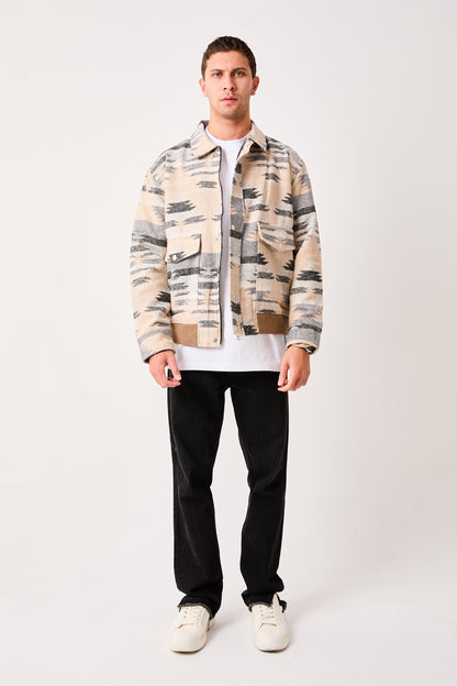 X-2007  Mens Patterned Bomber Jacket Beige Grey Zip Front Ribbed Hem