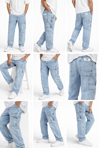 T-2949-4 Men’s Light Blue Denim Jeans | Relaxed Fit Cargo Style