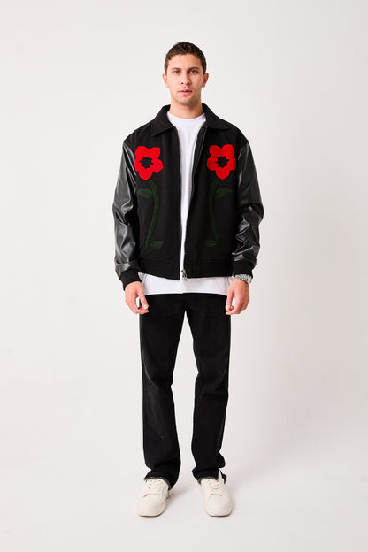 Men’s Varsity Bomber Jacket Black Zip Front Flower Appliqué Faux Leather Sleeves Ribbed Hem