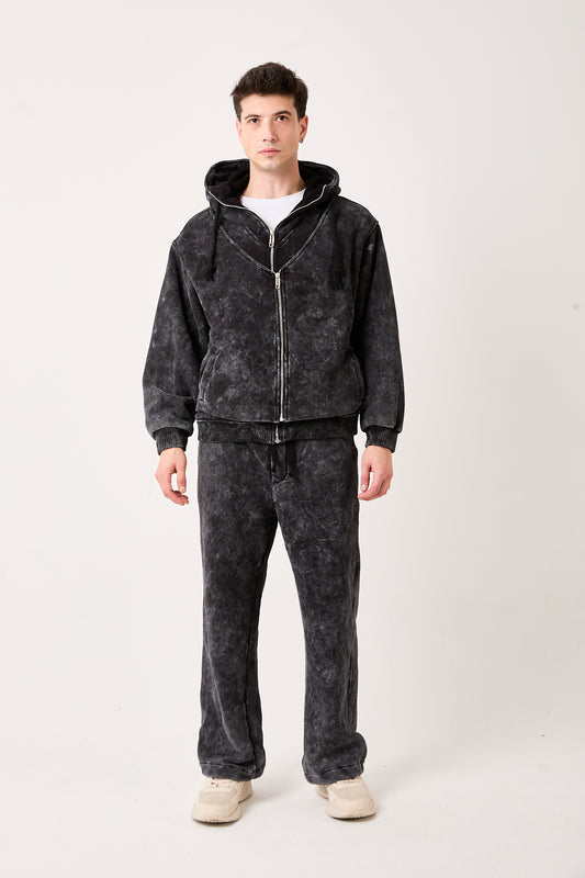 X-4003 Double-Zip Lined Washed Brushed Fleece Jacket X-1003 – Washed Black Wide-Leg Sweatpants