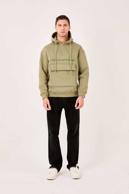 X-4005 Men’s Oversized Fleece-Lined Hoodie – Green, Half-Zip Sweatshirt with Front Pocket
