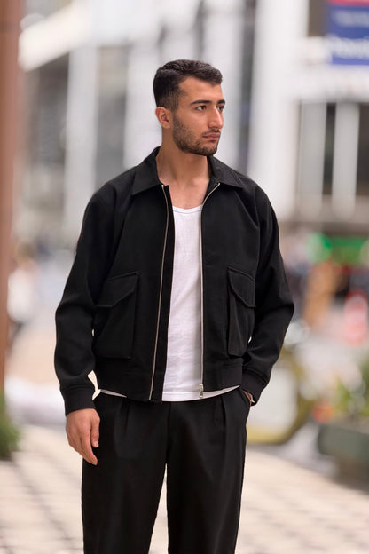 X-2025 Men’s Premium Black Utility Pocket Kaşe Jacket