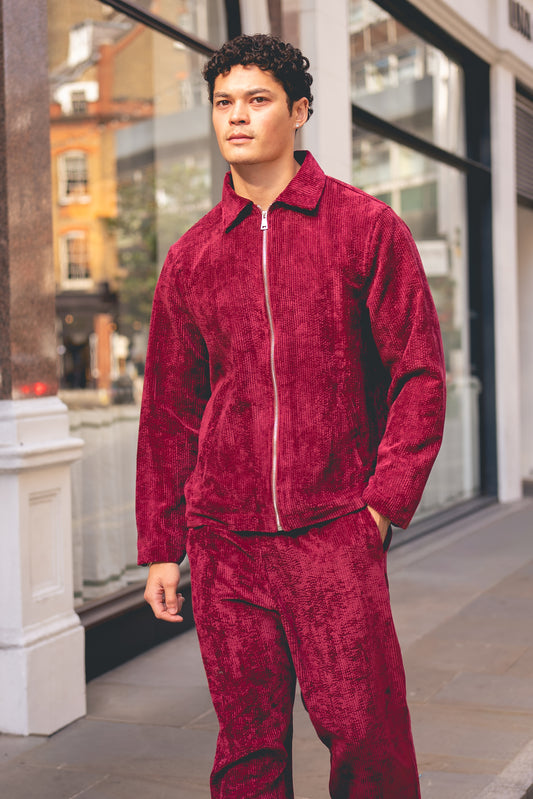 x-3002 Unısex  Burgundy Velvet Tracksuit – Zip Jacket & Matching Trousers | Premium Cord Texture