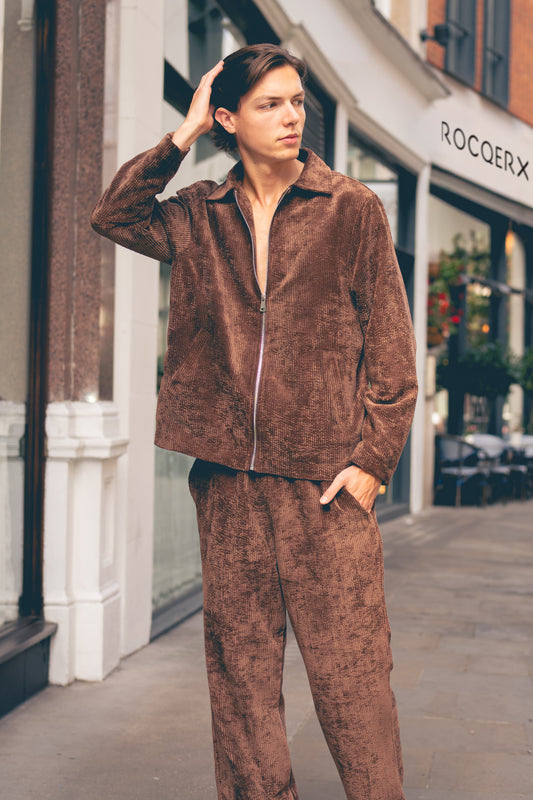 X-3002 Unisex Brown Velvet Tracksuit – Premium Zip-Up Jacket & Trousers Set
