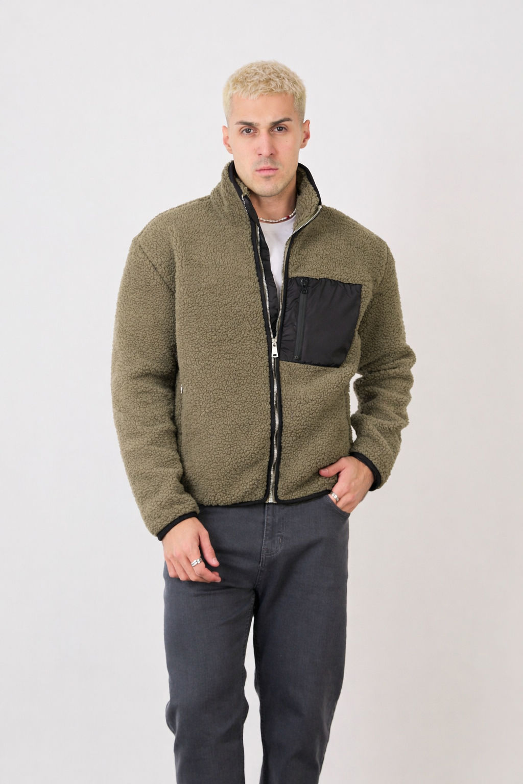 Men’s Green Zip-Up High Neck Jacket – Contrast Pocket-X-2043