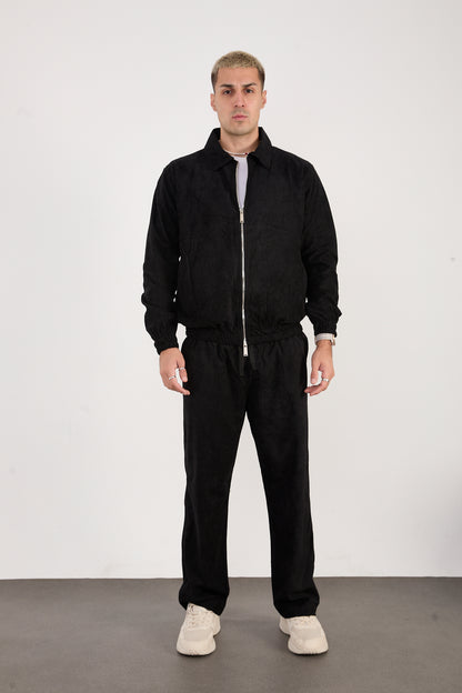 X-2037 Men’s Velour Zip Jacket & Matching Trousers Set – Black