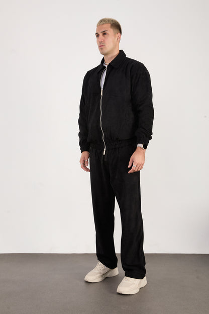 X-2037 Men’s Velour Zip Jacket & Matching Trousers Set – Black