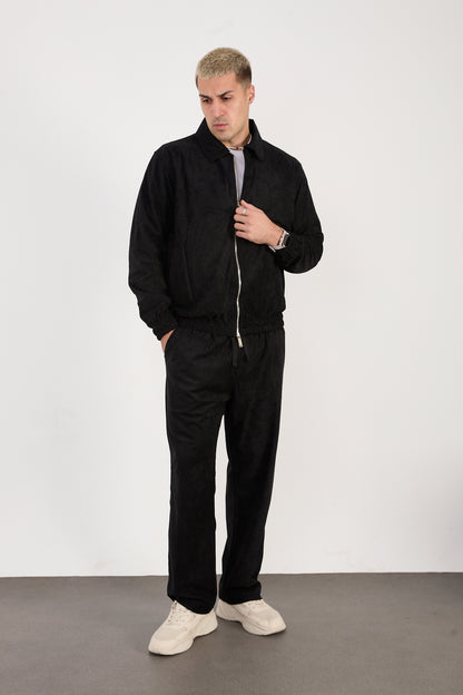 X-2037 Men’s Velour Zip Jacket & Matching Trousers Set – Black