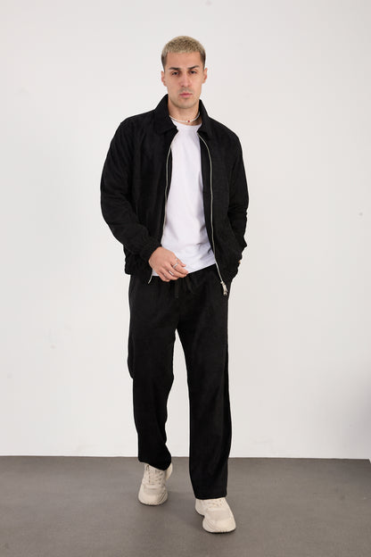 X-2037 Men’s Velour Zip Jacket & Matching Trousers Set – Black