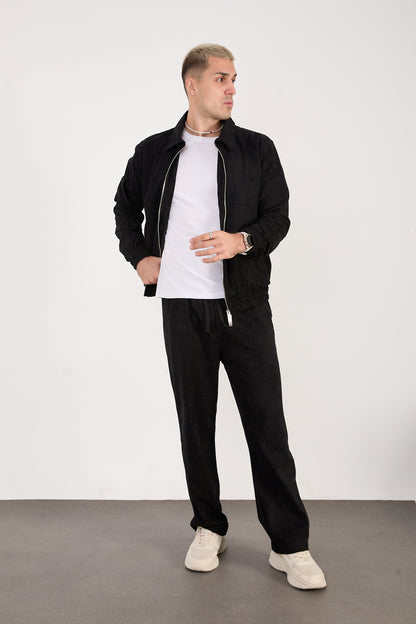 X-2037 Men’s Velour Zip Jacket & Matching Trousers Set – Black