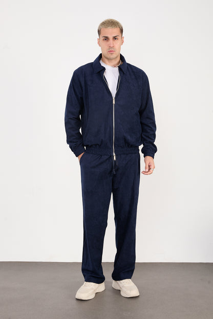 X-2037 Men’s Velour Zip Jacket & Matching Trousers Set – Navy