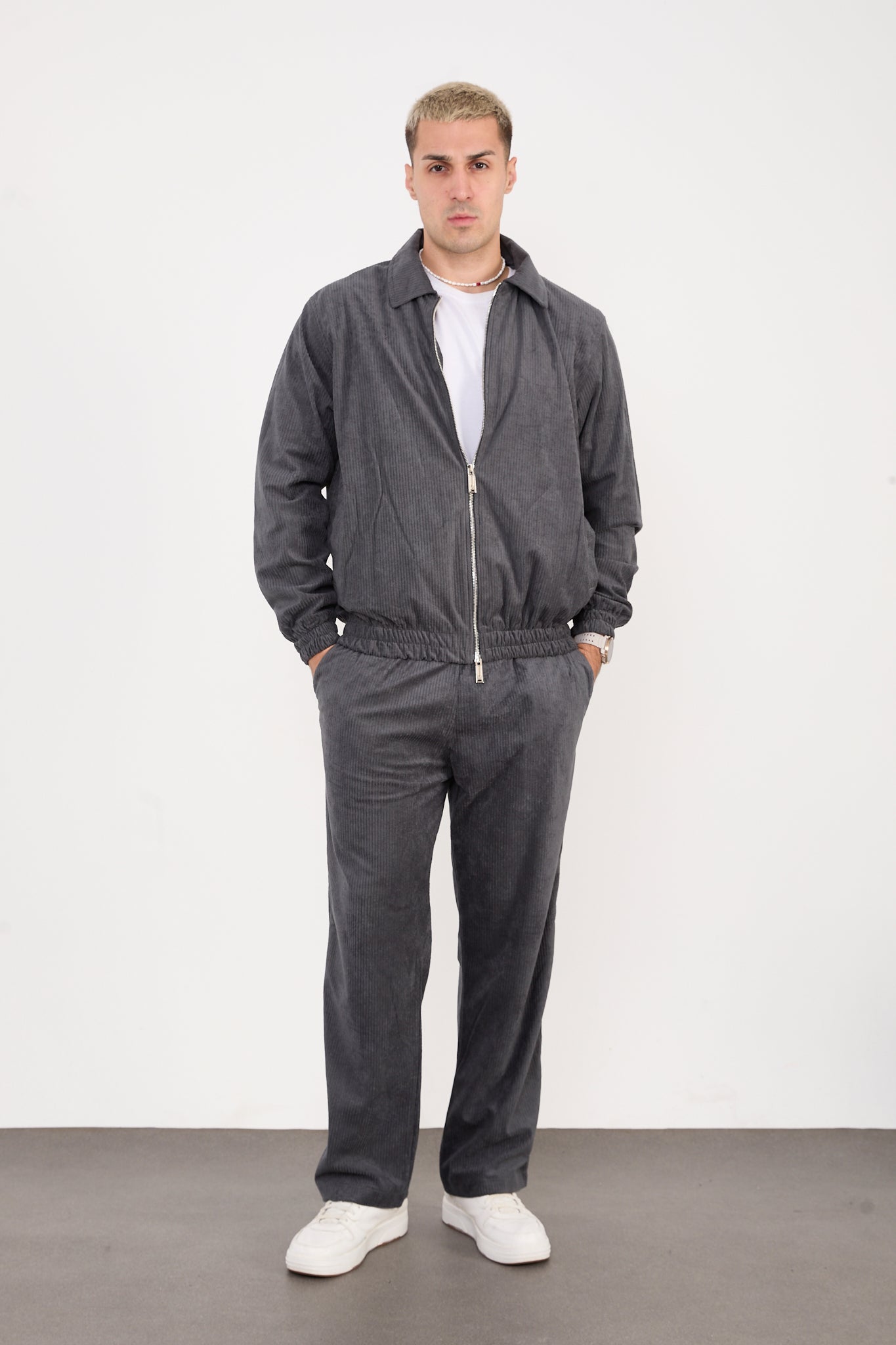 X-2037 Men’s Velour Zip Jacket & Matching Trousers Set – Grey