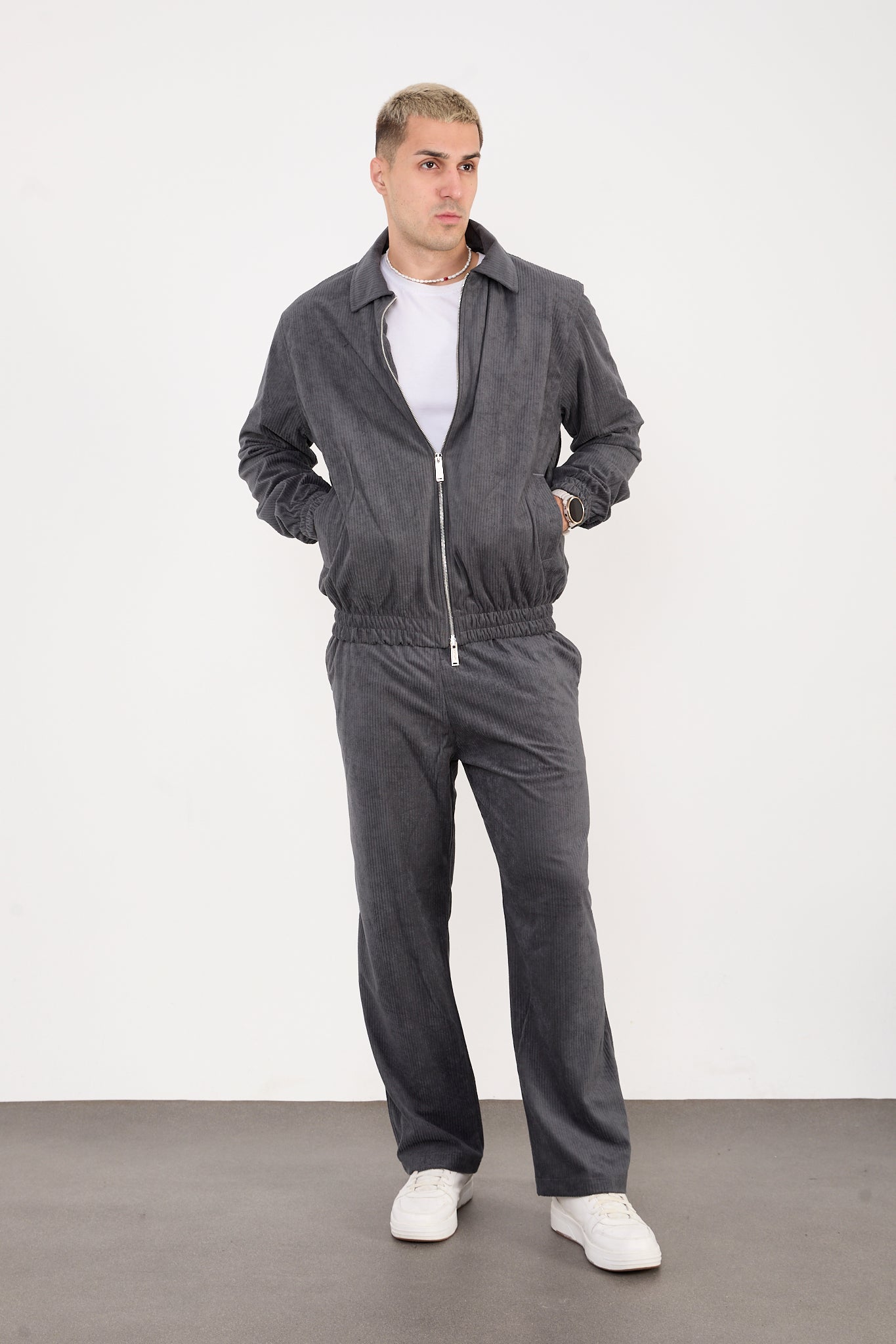 X-2037 Men’s Velour Zip Jacket & Matching Trousers Set – Grey